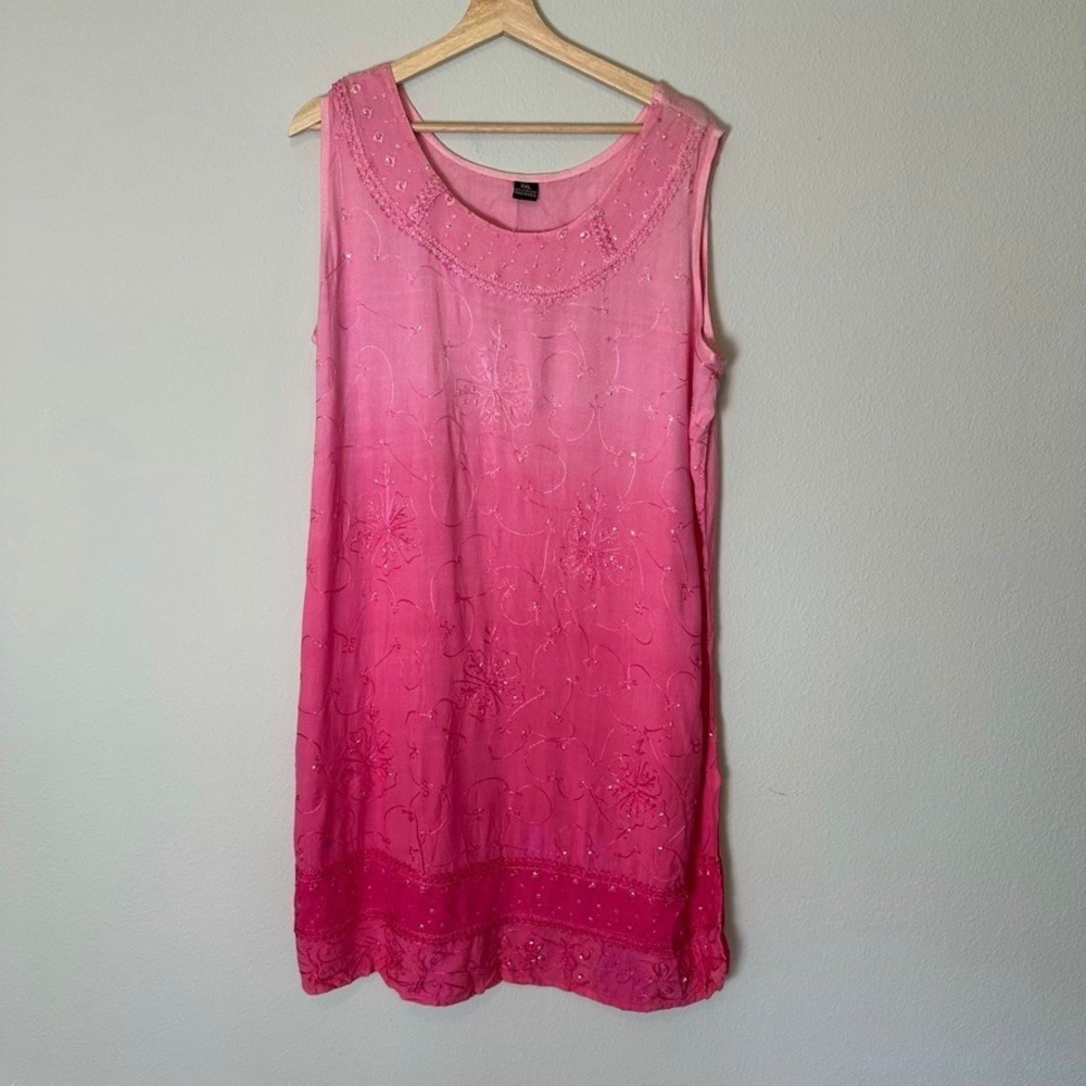Pink Ombre Embroidered Sequin Shift Dress XXL Sleeveless Viscose Boho Midi